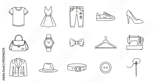 Outline Icons Set for Fashion, Clothing Accessories, Tailoring, and Shopping