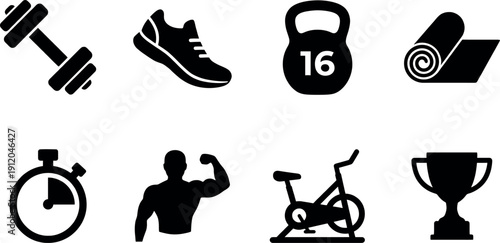 Fitness icon set with dumbbell shoe kettlebell yoga mat stopwatch bike trophy