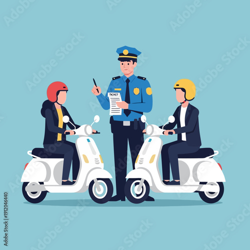 Police Officer Issuing Ticket to Scooter Riders for Traffic Violation