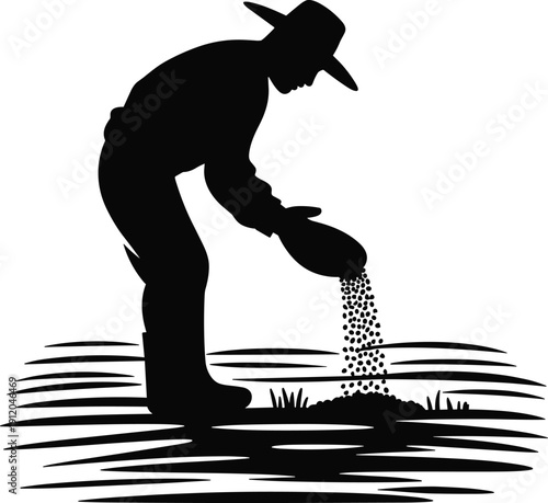 Black silhouette of farmer scattering seeds across field, agriculture planting concept, rural farming activity, crop cultivation isolated on white background