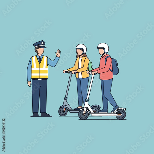 Traffic police officer stops scooter riders, enforcing traffic rules, safety concept