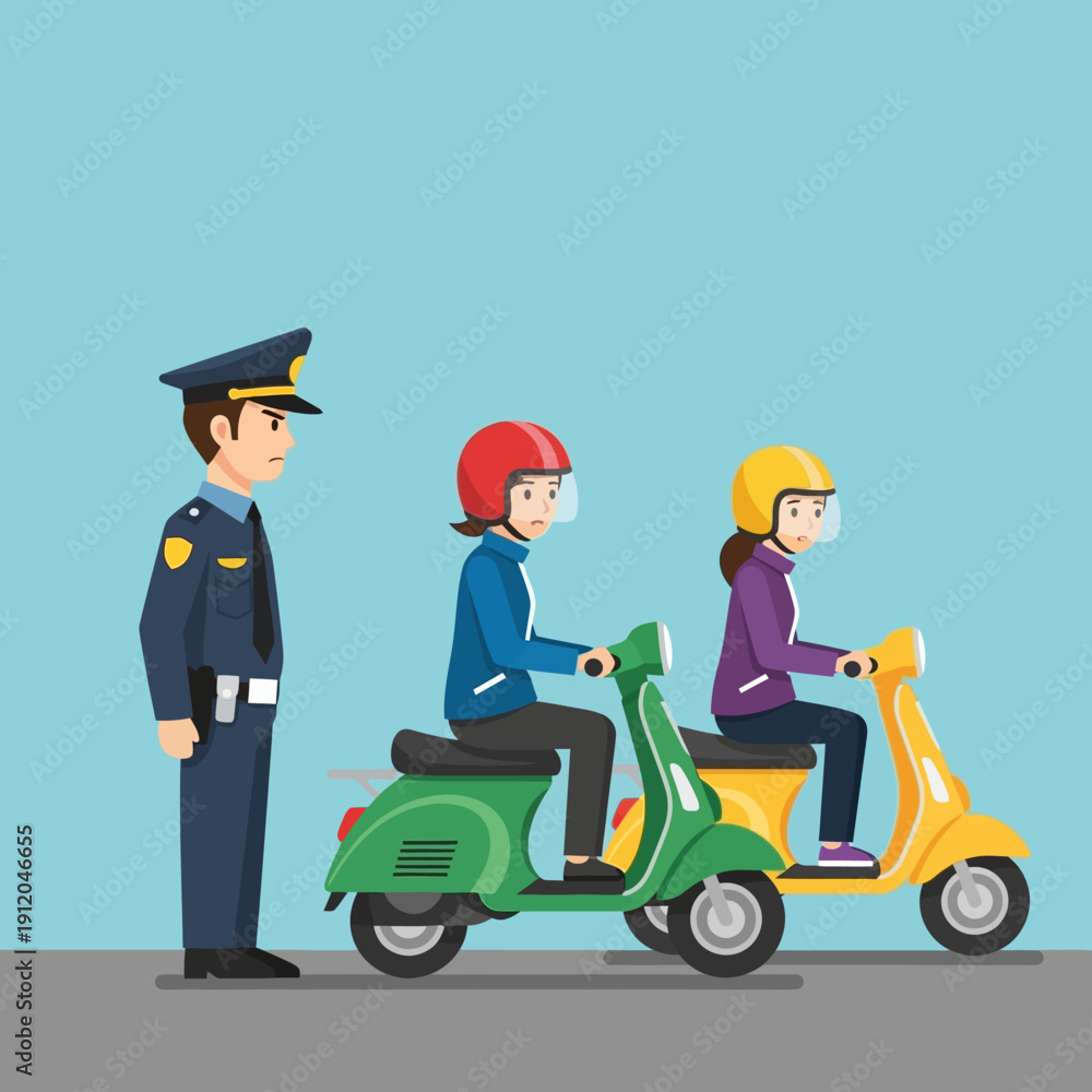 Obraz premium Police Officer Directing Traffic with Scooters Lined Up