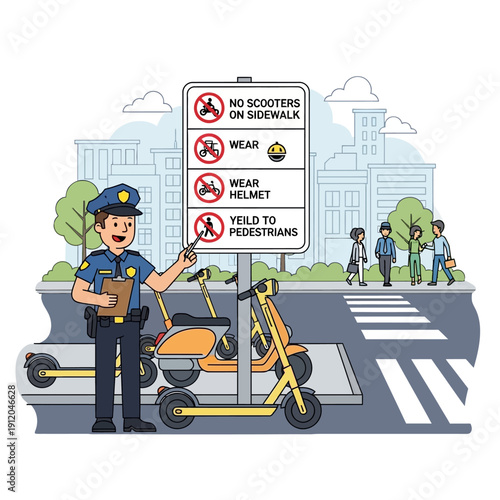 Police officer explains traffic rules for scooters and pedestrians on city street