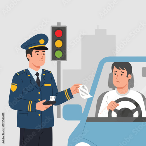 Police officer giving ticket to sad driver at traffic light