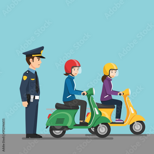 Police Officer Directing Traffic with Scooters Lined Up