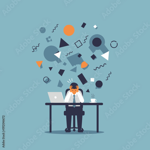 Stressed Businessman Overwhelmed by Work Chaos and Abstract Shapes at Desk