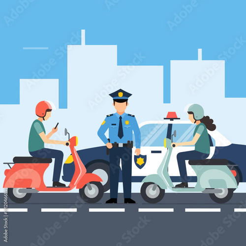 Police Officer Directing Traffic with Scooters and Police Car in City