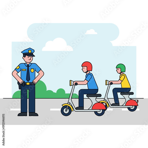 Police officer directing traffic with scooters and riders on road