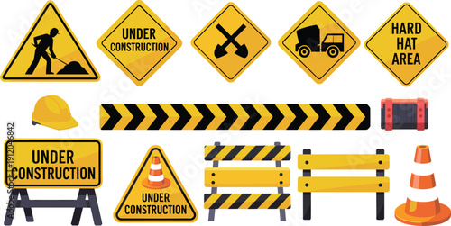 Construction Safety Signs and Road Work Warning Icons Set with Hard Hat, Barricades and Traffic Cones Isolated on White Background Illustration