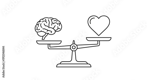Vector illustration of brain and heart balancing on seesaw scales isolated on transparent background