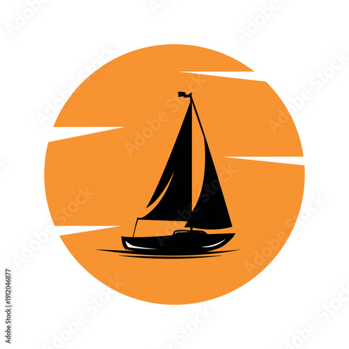 Elegant minimalist illustration of a sailboat silhouette against a warm orange sun, capturing the serene beauty of a maritime journey and peaceful adventure on the water