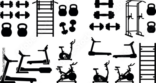 Gym fitness equipment silhouette vector set with treadmills bikes and weights