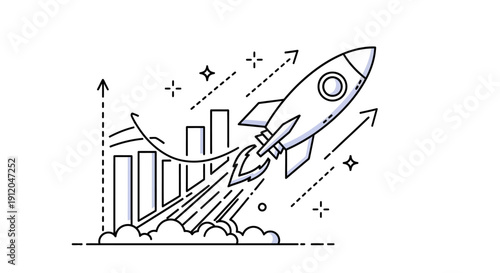Vector line rocket ship launching with graph and arrows