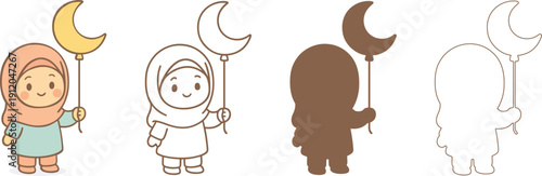 Muslim Girl Holding Crescent Moon Balloon Ai Generated