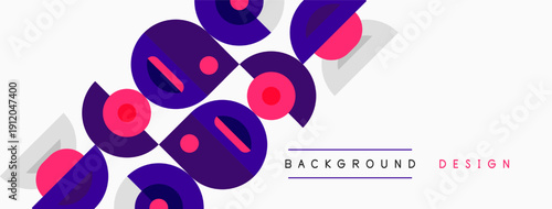 Abstract geometric shapes overlap, creating dynamic visual pattern. Purple, navy, coral colors dominate white background. Modern design element.