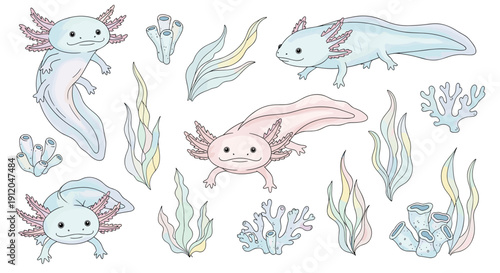 Sheet of cute pink axolotl character stickers