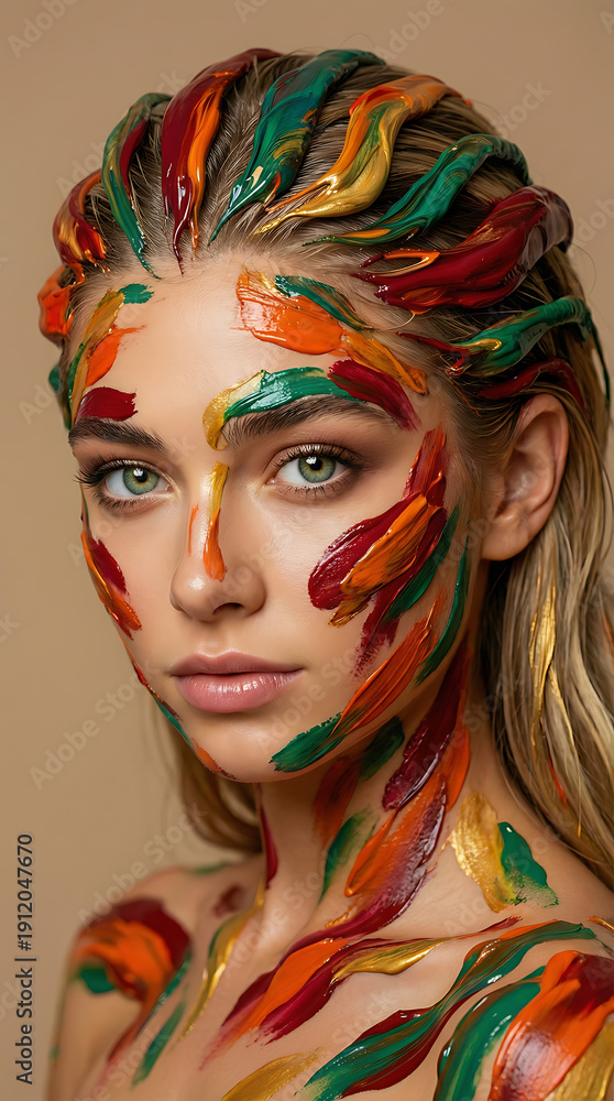 Obraz premium Artistic portrait of a blonde model with her face and hair covered in colorful thick oil paint strokes in red yellow green and gold colors