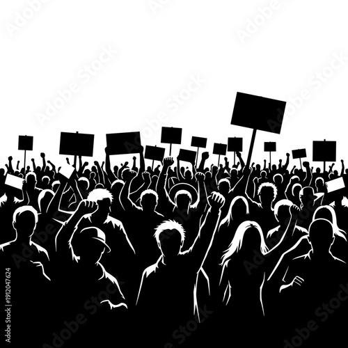 Protest crowd silhouette with raised hands and signs