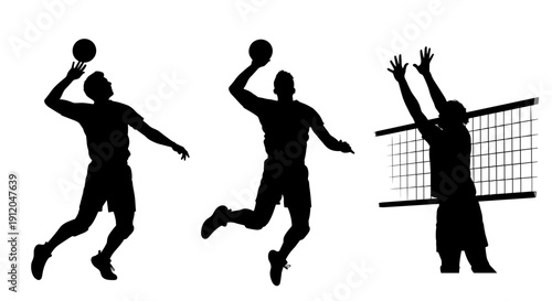 Beach volleyball action silhouettes on court