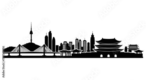 Panoramic Seoul city skyline silhouette illustration