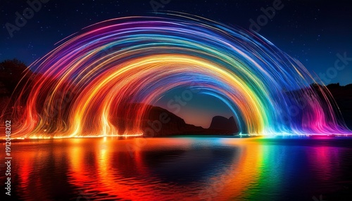 colorful fire arc light painting reflected on water creating vibrant rainbow arches and glowing streaks at night evoking energy and celebration