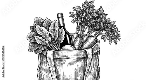 Black and white sketch of food shopping bag