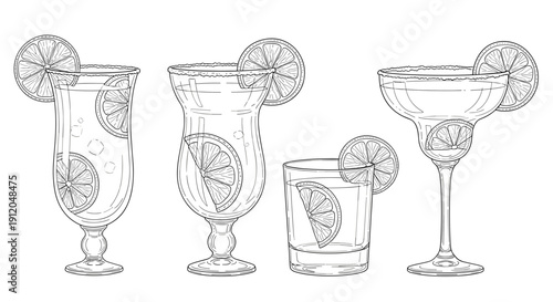 Line art collection of alcoholic beverage glasses