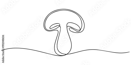 Mushroom one continuous line drawing. Nature food in simple linear style. Edible autumn harvest in editable stroke, outline vector minimalist linear illustration, One line Champignon vector background