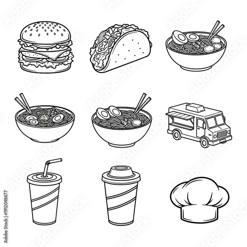 Line drawing illustrations of various fast food items including burgers, tacos, bowls, trucks, and drinks on a white background.
