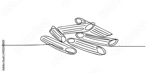 Continuous one line drawing of pile of penne pasta in silhouette on a white background. Linear stylized.Minimalist, Penne rigate pasta illustration. Vector doodle sketch. Traditional Italian food. 