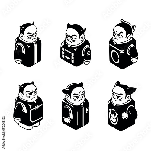 Set of six cartoon-style illustrations of a balding man with devil horns wearing different black hoodies with various emotive expressions on a white background.