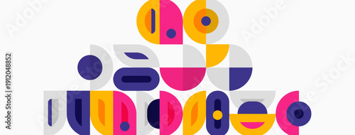 Abstract geometric shapes, vibrant colors, playful composition. Modern design elements create interesting visual texture.