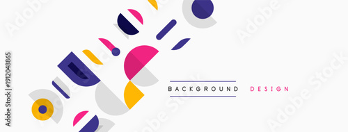 Abstract geometric shapes overlap, creating modern design. Colors include purple, yellow, blue, beige. Minimalist aesthetic.