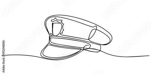 Captain sailor Hat one line drawing, one continuous line drawing of police hat, vector Illustration, Continuous one line drawing of police cap. Clothing, protection, officer concept. Editable stroke.