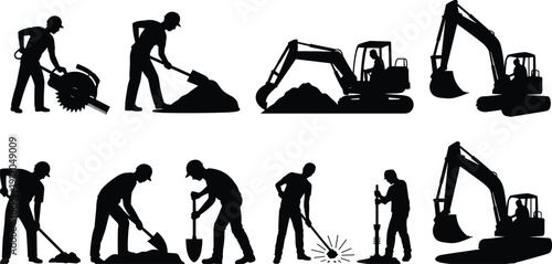 Construction Workers and Excavator Machinery Silhouettes in Various Digging and Roadwork Activities Isolated on White Background, Industrial Labor and Heavy Equipment Concept