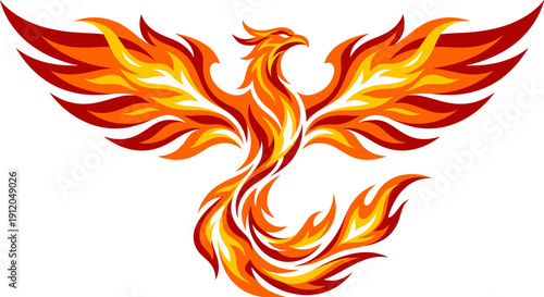 Fiery phoenix bird emblem, blazing wings and flame tail in vivid orange red tones, mythical rebirth symbol, powerful fantasy fire creature mark, radiant sparks in air, intense glow