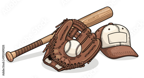 Detailed baseball gear illustration with bat and glove