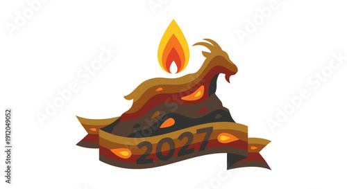 Fiery dragon badge marked 2027, glowing flame crest and bold ribbon insignia, fantasy animal emblem in molten tones, dramatic mythical icon, ember glow and zodiac celebration