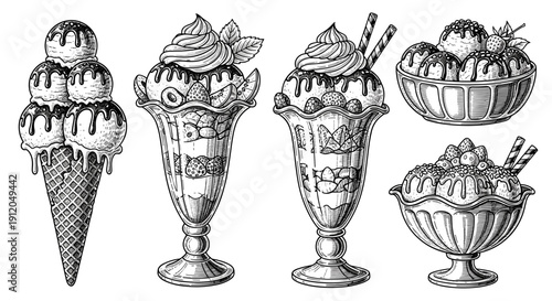 Line art sketches of diverse ice cream desserts