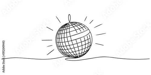 Dynamic one line art rendering of a shining mirrored disco ball accompanied by starry accents, Disco ball light vector illustration. Modern flat in continuous line style, an energetic continuous wavy.