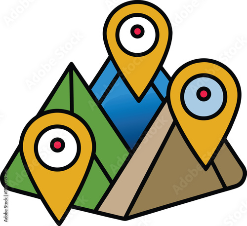 Stylized Map with Three Location Markers Vector Graphic