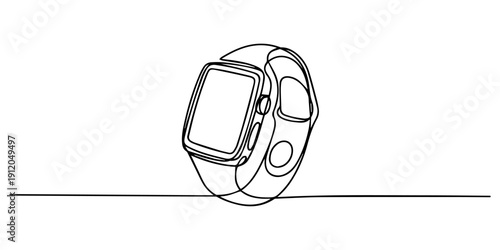 Minimalist continuous line drawing of a modern smartwatch on a white background, technology concept, Continuous one line drawing of smartwatch. One line drawing illustration of fitness bracelet smart.