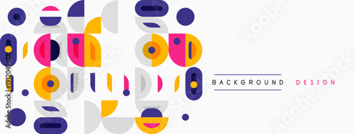 Abstract geometric shapes, vibrant colors, modern design. Background features circles, squares, rectangles, playful composition.