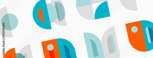 Abstract geometric pattern. Shapes overlap, creating modern visual texture. Colors include orange, teal, gray, white. Simple design.