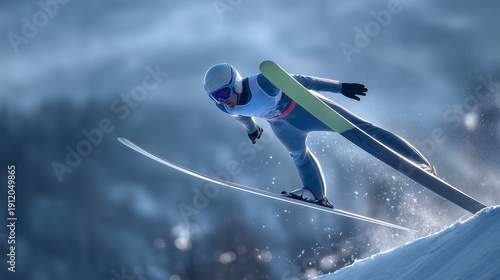 Ski Jumper in Mid-Air is captured mid-air in an action shot during a  ski jumping.He is wearing a blue aerodynamic ski suit, a white helmet with a visor, black gloves, and ski boots.
