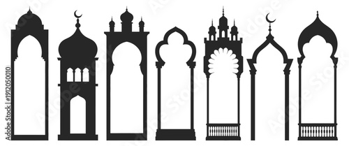 Elegant Tall Oriental Arch Frames and Islamic Door design with ornamental silhouettes for decorative design, intricate Islamic architecture and cultural motifs.
