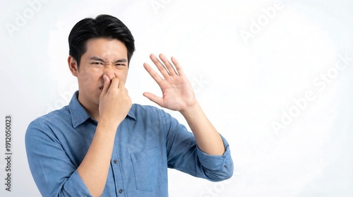 Portrait of a young Asian man pinching his nose and showing disgust due to a bad smell, standing isolated on a white background with copy space