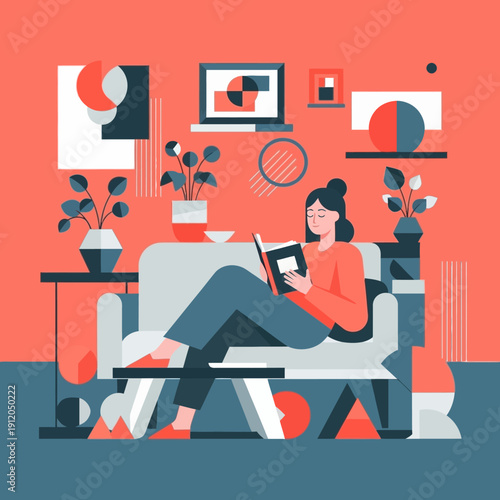 Woman Reading Book on Sofa in Modern Living Room, Cozy Home Interior, Abstract Art Decor