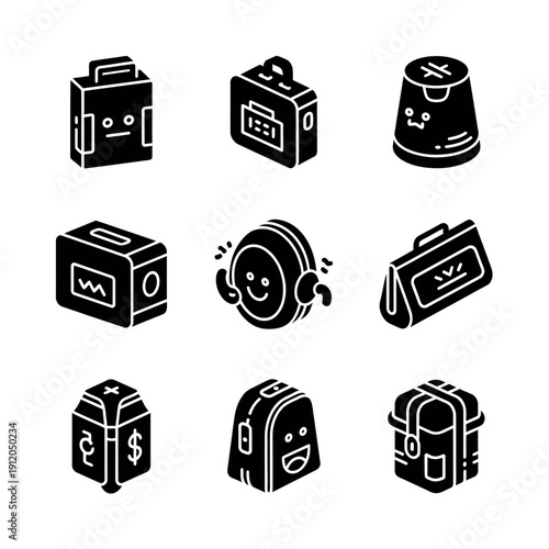 A set of nine black and white icons depicting various bags and containers with different facial expressions on a plain white background.