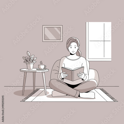 Cozy woman reading book on floor, relaxing at home with coffee and plant.